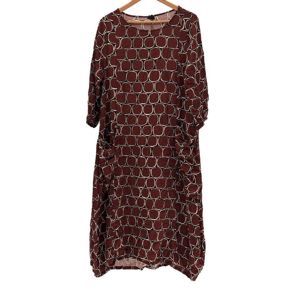 Lisa Bayne Dress Crinkled Midi Women Size Medium Brown Geometric Lagenlook